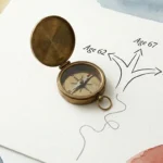 An editorial ink and watercolor illustration of a compass pointing to different retirement age milestones on a map.