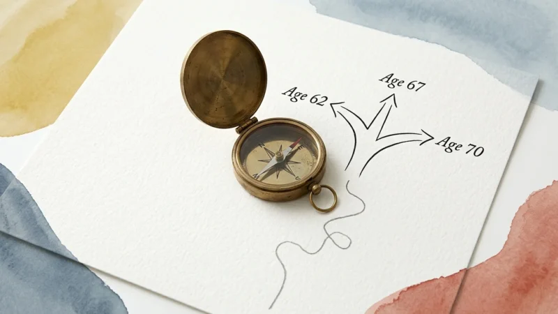 An editorial ink and watercolor illustration of a compass pointing to different retirement age milestones on a map.