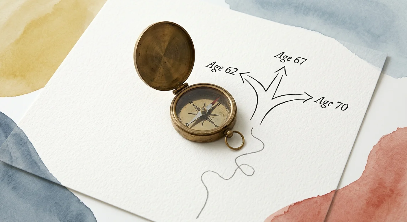 An editorial ink and watercolor illustration of a compass pointing to different retirement age milestones on a map.