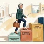 An elegant gouache illustration of a professional woman in her 50s confidently stepping up a series of rising colorful blocks.