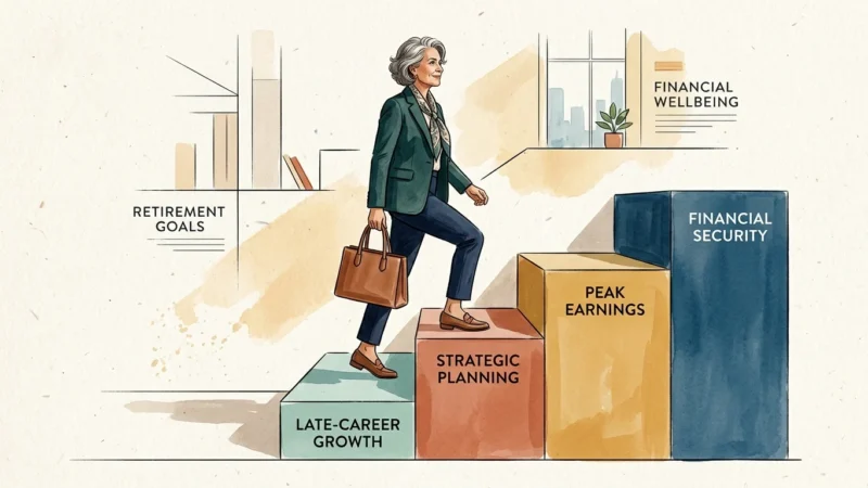 An elegant gouache illustration of a professional woman in her 50s confidently stepping up a series of rising colorful blocks.