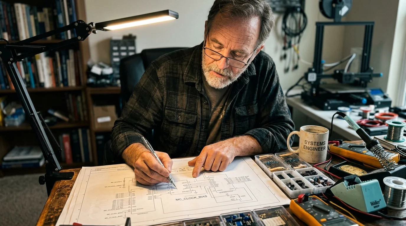 An experienced engineer in his late 50s points to a detailed circuit blueprint at his home workbench under warm light.