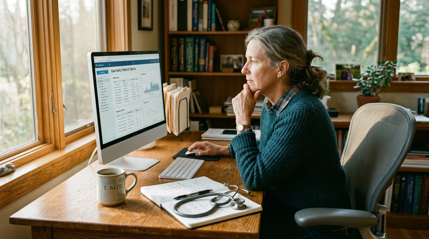 An experienced female medical consultant in her 60s works at an oak desk in her sunlit home office.