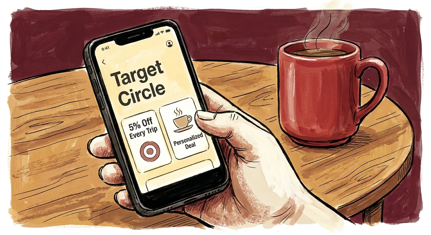 An illustration of a hand holding a smartphone showing the Target Circle app with personalized discounts next to a coffee mug.
