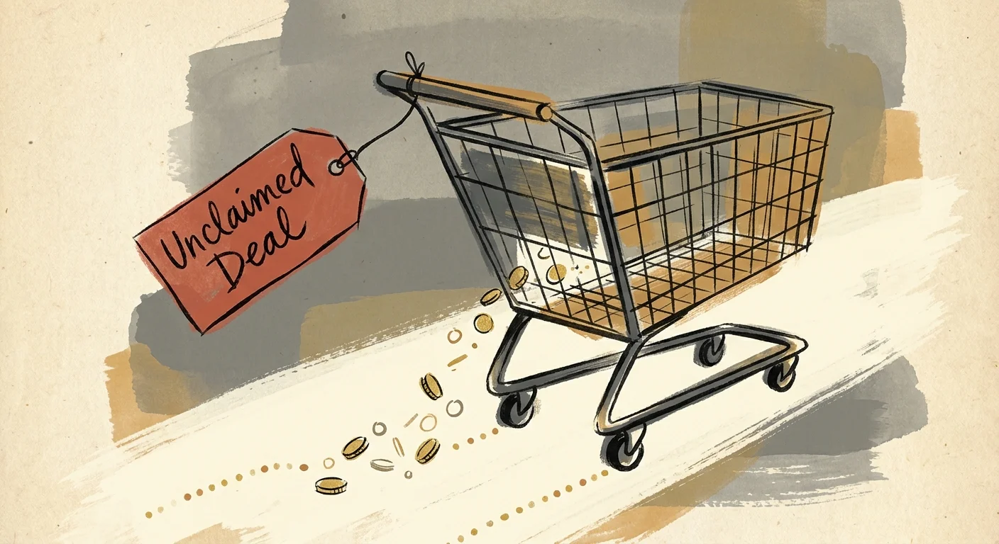 An illustration of a shopping cart with coins slipping through the bottom, symbolizing missed retail savings opportunities.
