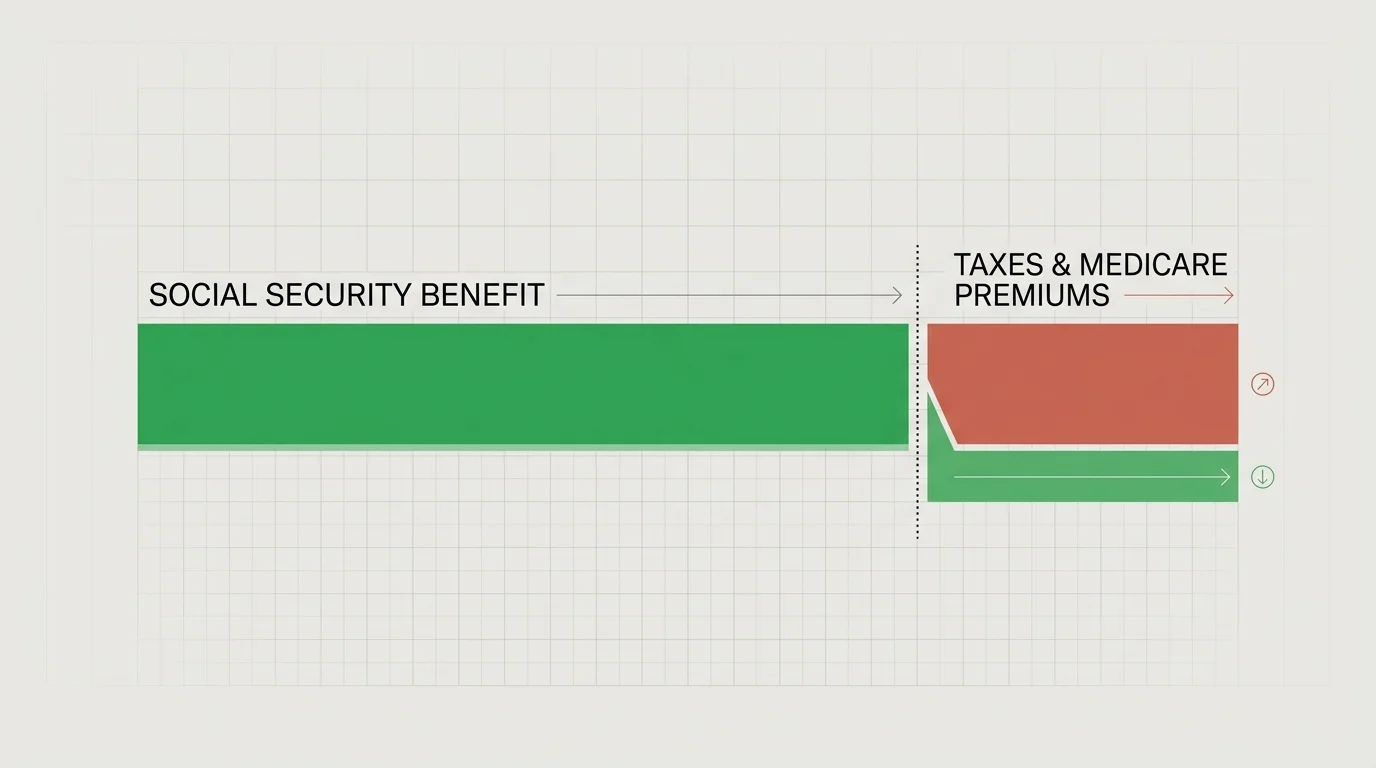 An infographic bar showing a portion of a Social Security benefit being sliced off for taxes and Medicare premiums.