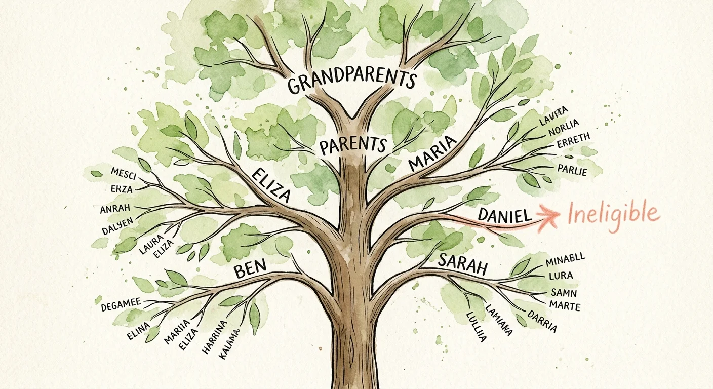 An ink and watercolor family tree illustration showing an ineligible branch marked with a soft red indicator.