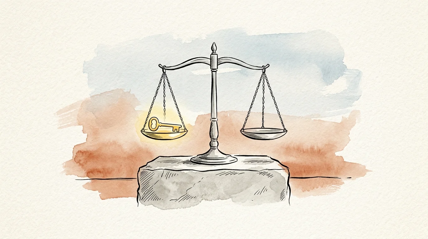 An ink and watercolor illustration of a classic scale of justice balancing a golden key on a textured background.