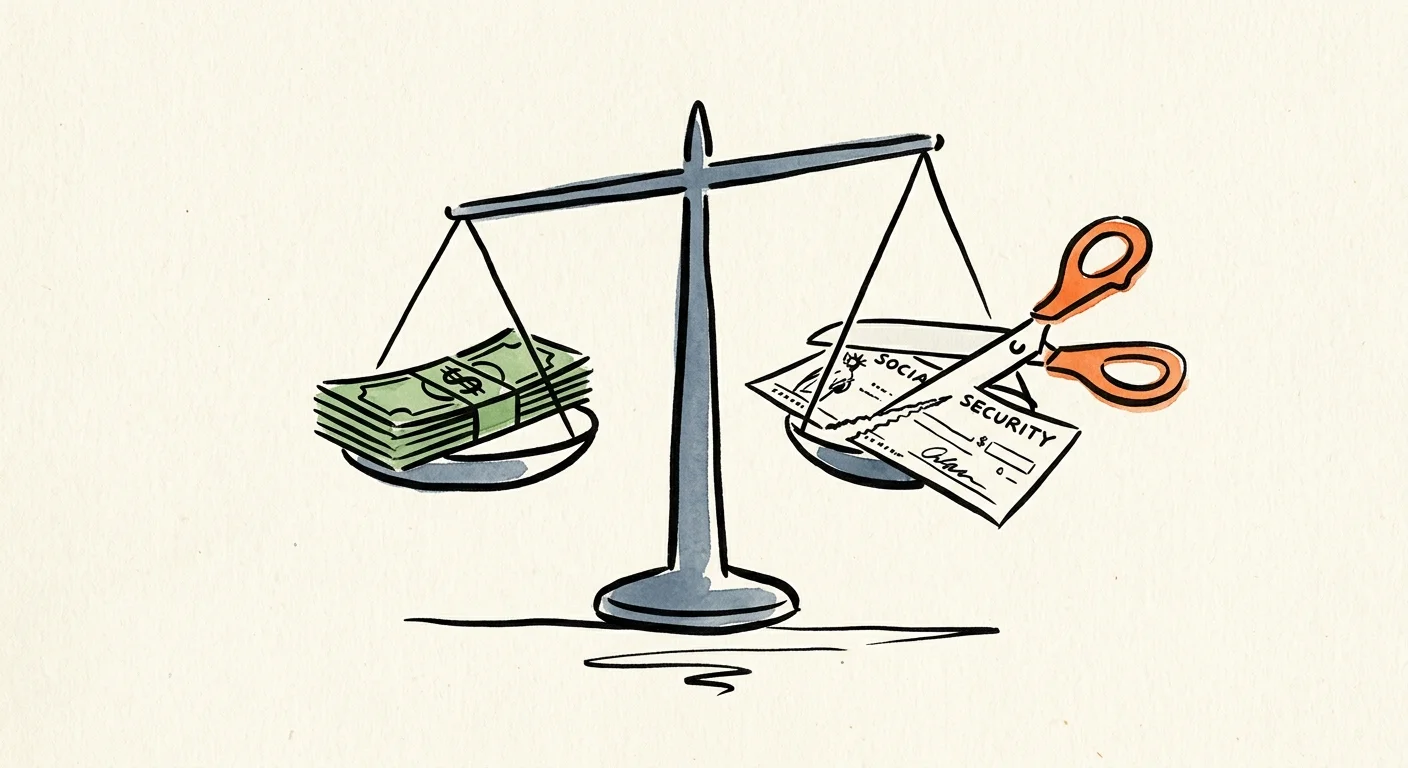 An ink and watercolor illustration of a scale balancing earnings against scissors cutting a Social Security check.