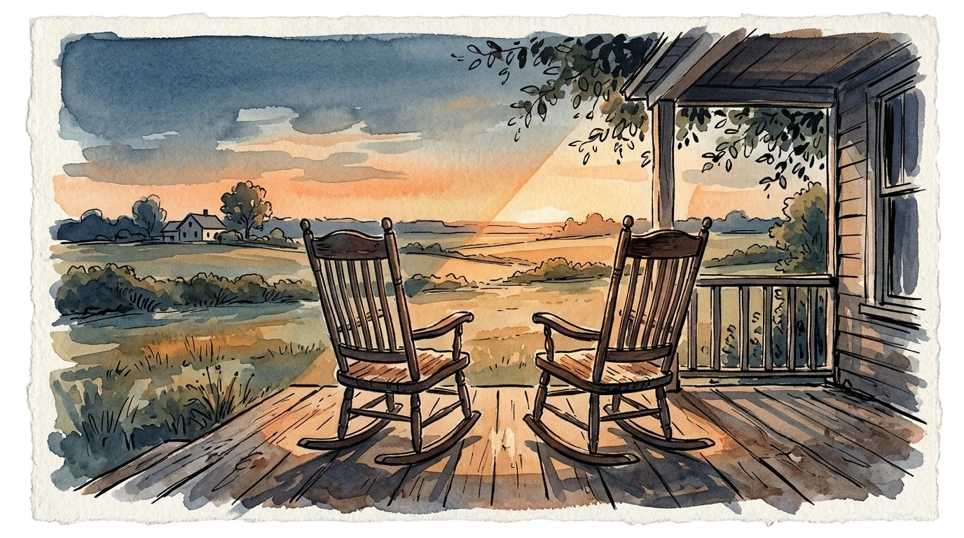 An ink and watercolor illustration of two wooden rocking chairs side-by-side on a porch during sunset.