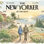 An ink and watercolor illustration showing a retired couple walking along a path that connects historic, coastal, and mountain towns.