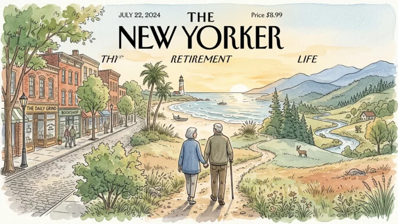An ink and watercolor illustration showing a retired couple walking along a path that connects historic, coastal, and mountain towns.
