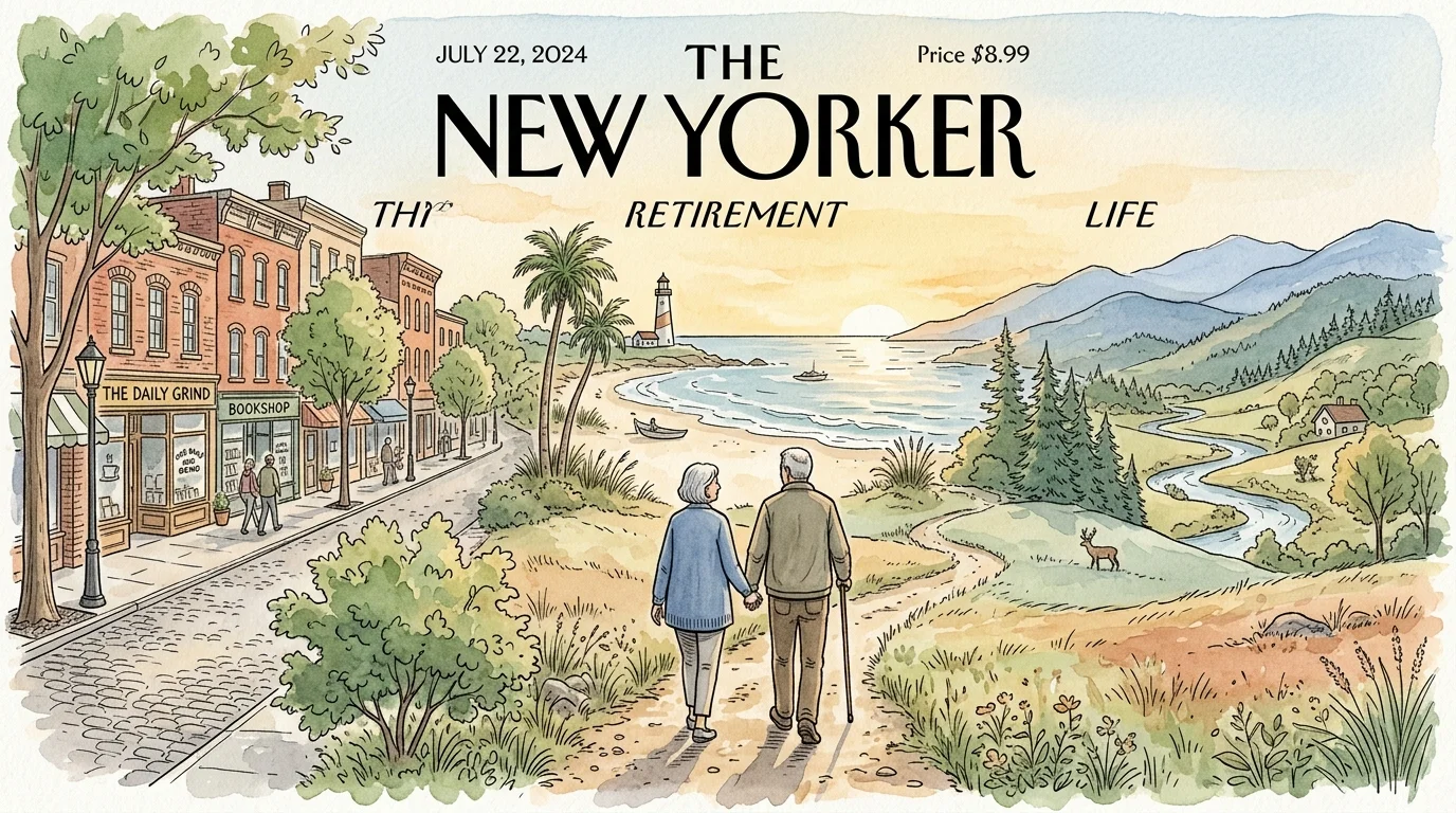 An ink and watercolor illustration showing a retired couple walking along a path that connects historic, coastal, and mountain towns.