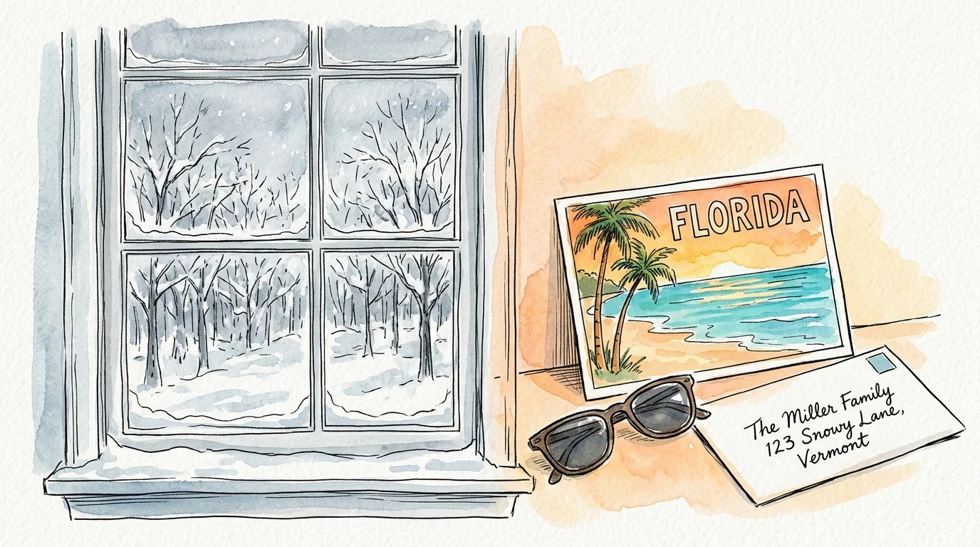 An ink and watercolor sketch comparing a snowy northern window with a sunny Florida postcard.