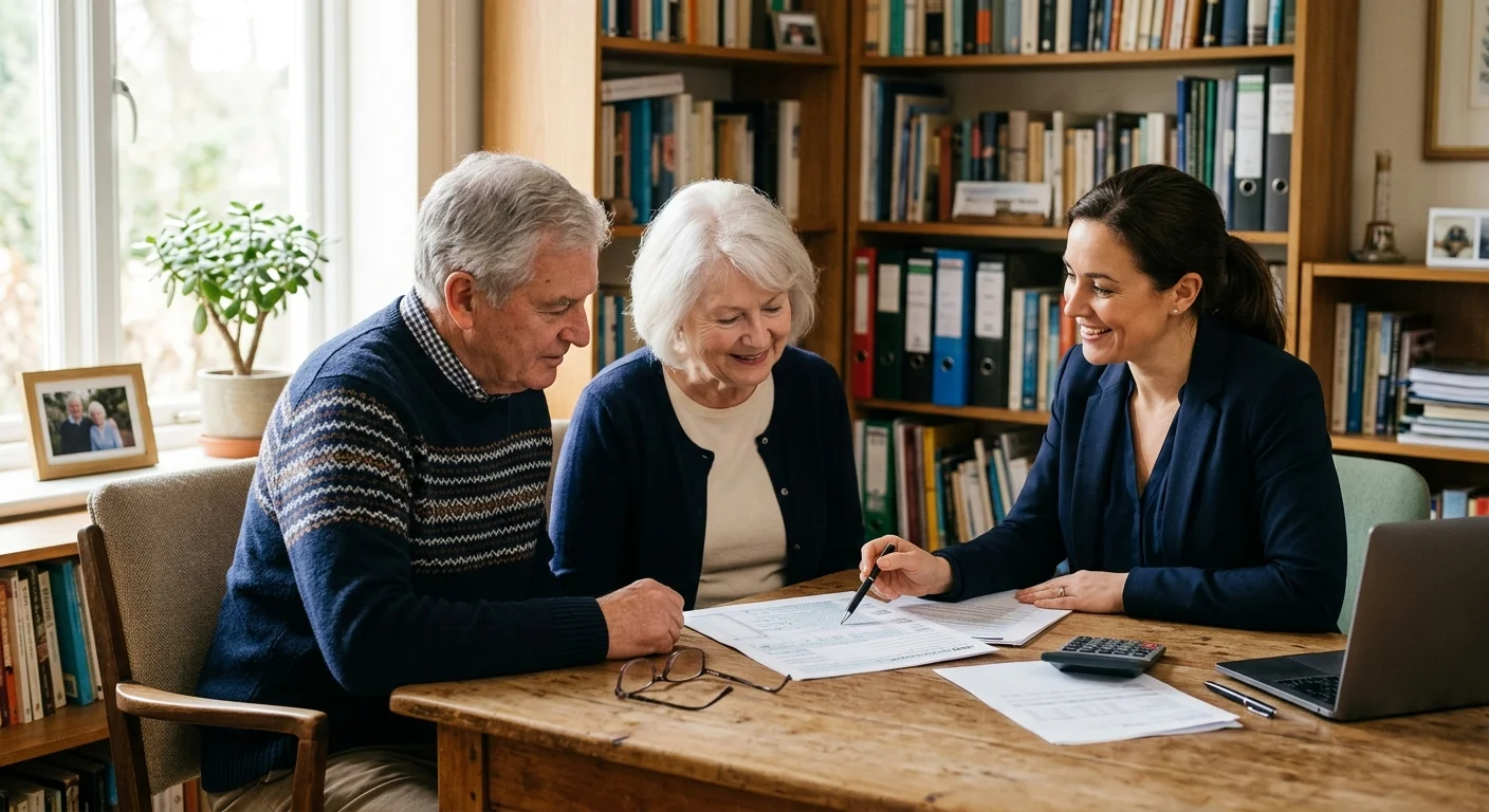 An older couple consulting warmly with a professional tax advisor in a cozy home study.