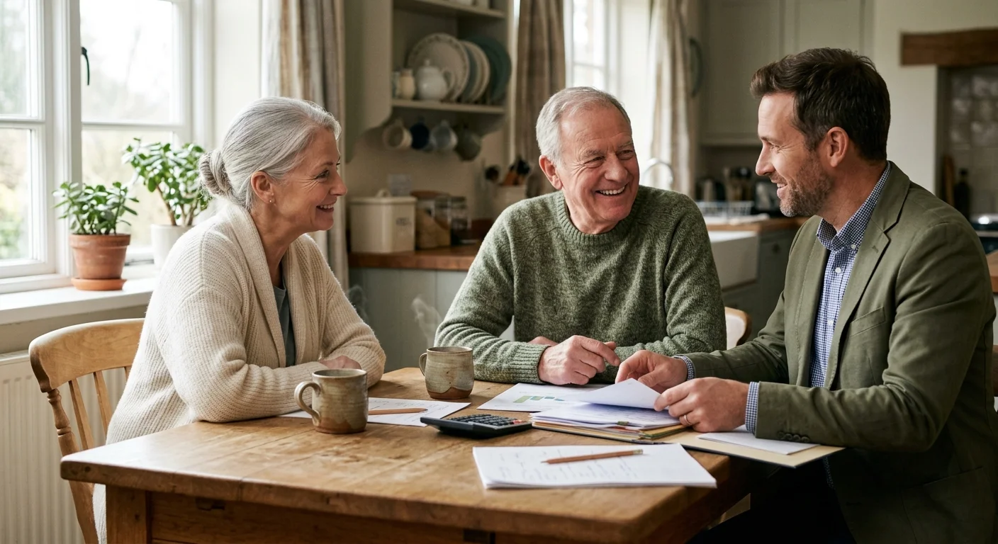 An older couple in a warm kitchen reviewing papers and smiling with a friendly financial professional.
