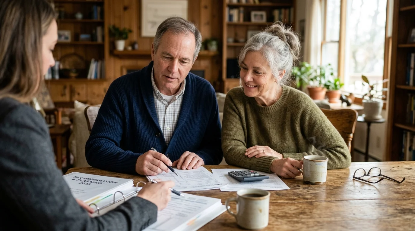 An older couple reviews financial papers with an advisor at their wooden kitchen table in warm morning light.