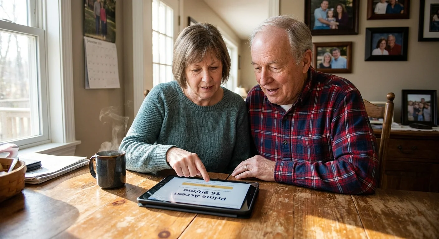 An older couple sitting at their wooden kitchen table, looking together at a tablet screen displaying a Prime Access membership rate.