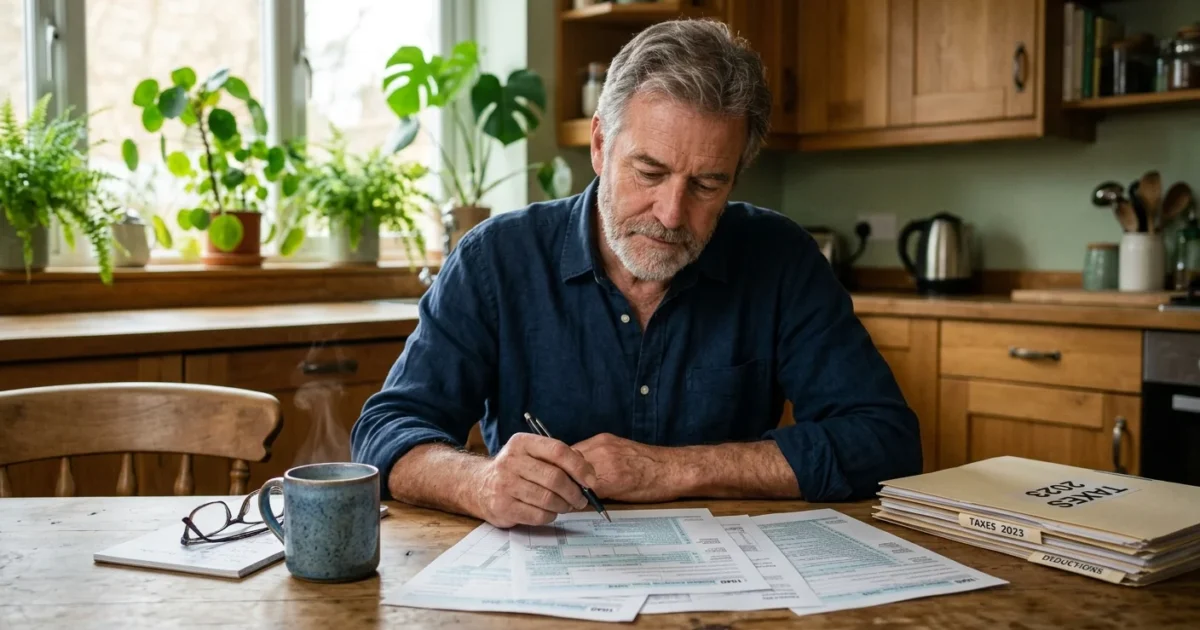 An older man sitting at a sunlit kitchen table reviewing tax documents with a cup of coffee.