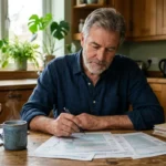 An older man sitting at a sunlit kitchen table reviewing tax documents with a cup of coffee.