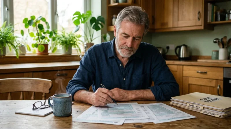 An older man sitting at a sunlit kitchen table reviewing tax documents with a cup of coffee.