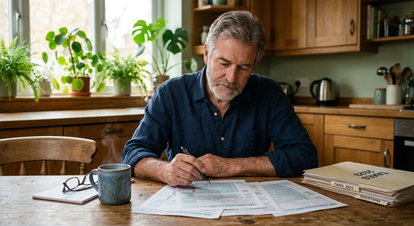An older man sitting at a sunlit kitchen table reviewing tax documents with a cup of coffee.