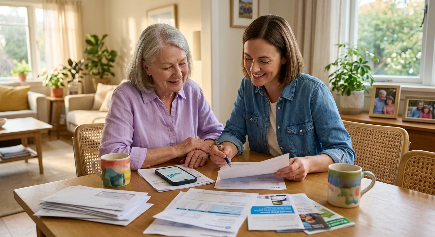 An older mother and her adult daughter sitting together at a dining table, organizing paperwork and reviewing program eligibility.