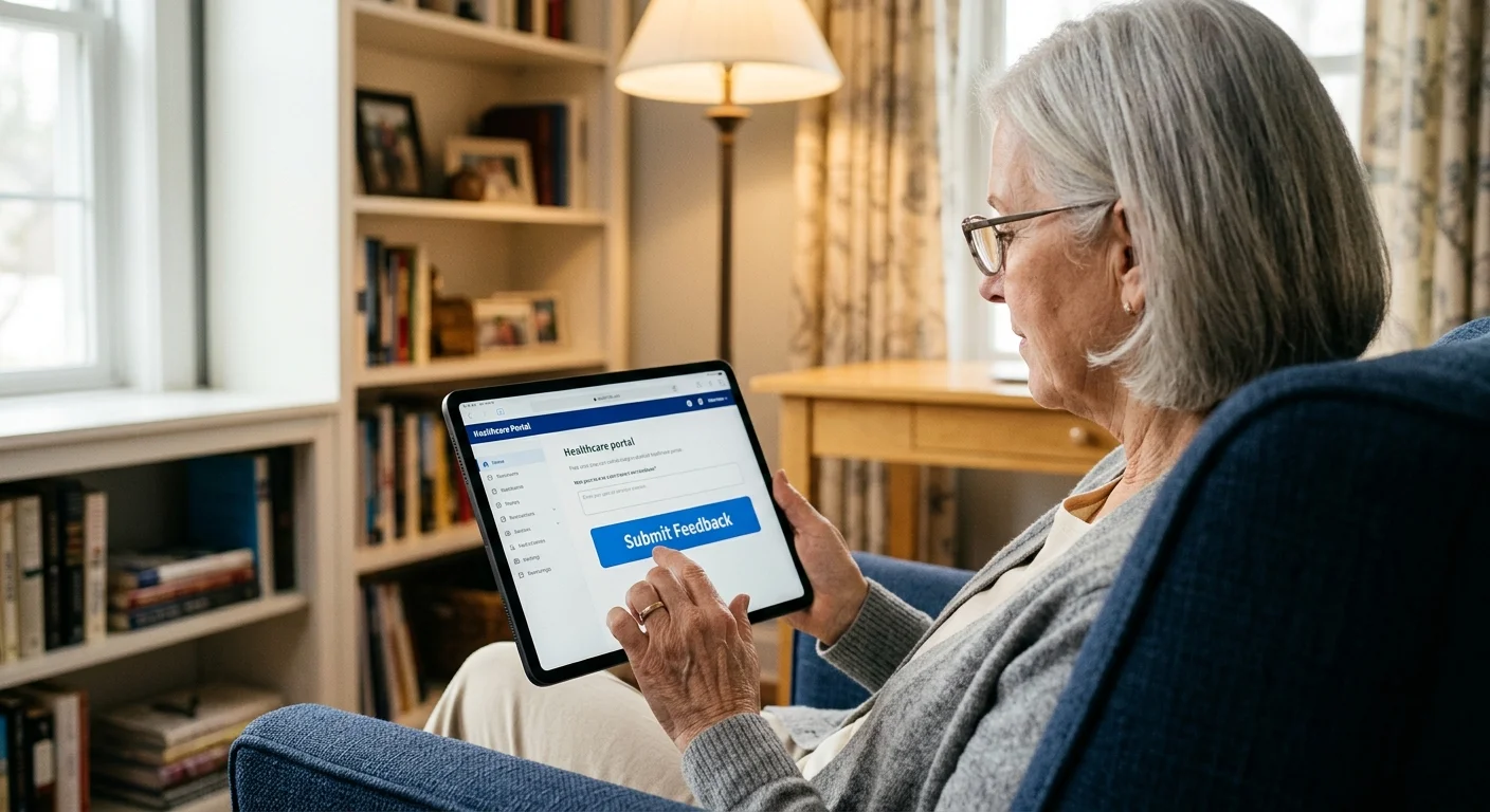 An older woman using a tablet app with clear, large buttons to submit feedback on a healthcare portal.