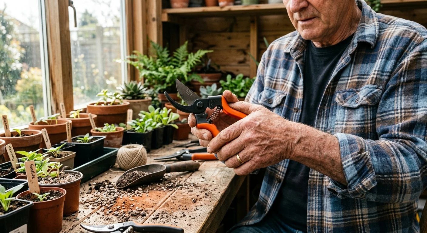 Close-up of a senior's hands testing a new ergonomic garden tool on a sunlit workbench.