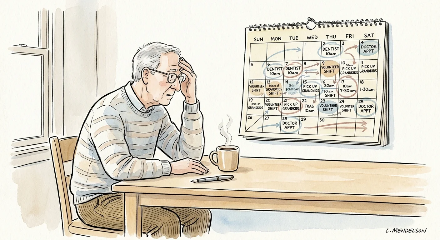 Ink and watercolor illustration of a retired man looking overwhelmed at a kitchen table covered with an overscheduled calendar.