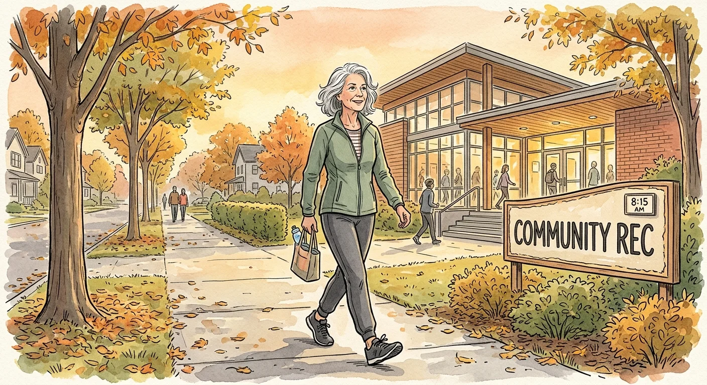Ink and watercolor illustration of a retired woman walking energetically toward a local community recreation center in the morning sun.