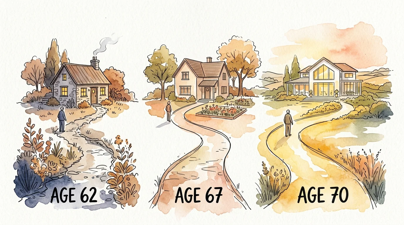 Three stylized paths representing ages 62, 67, and 70 leading to houses of growing sizes.