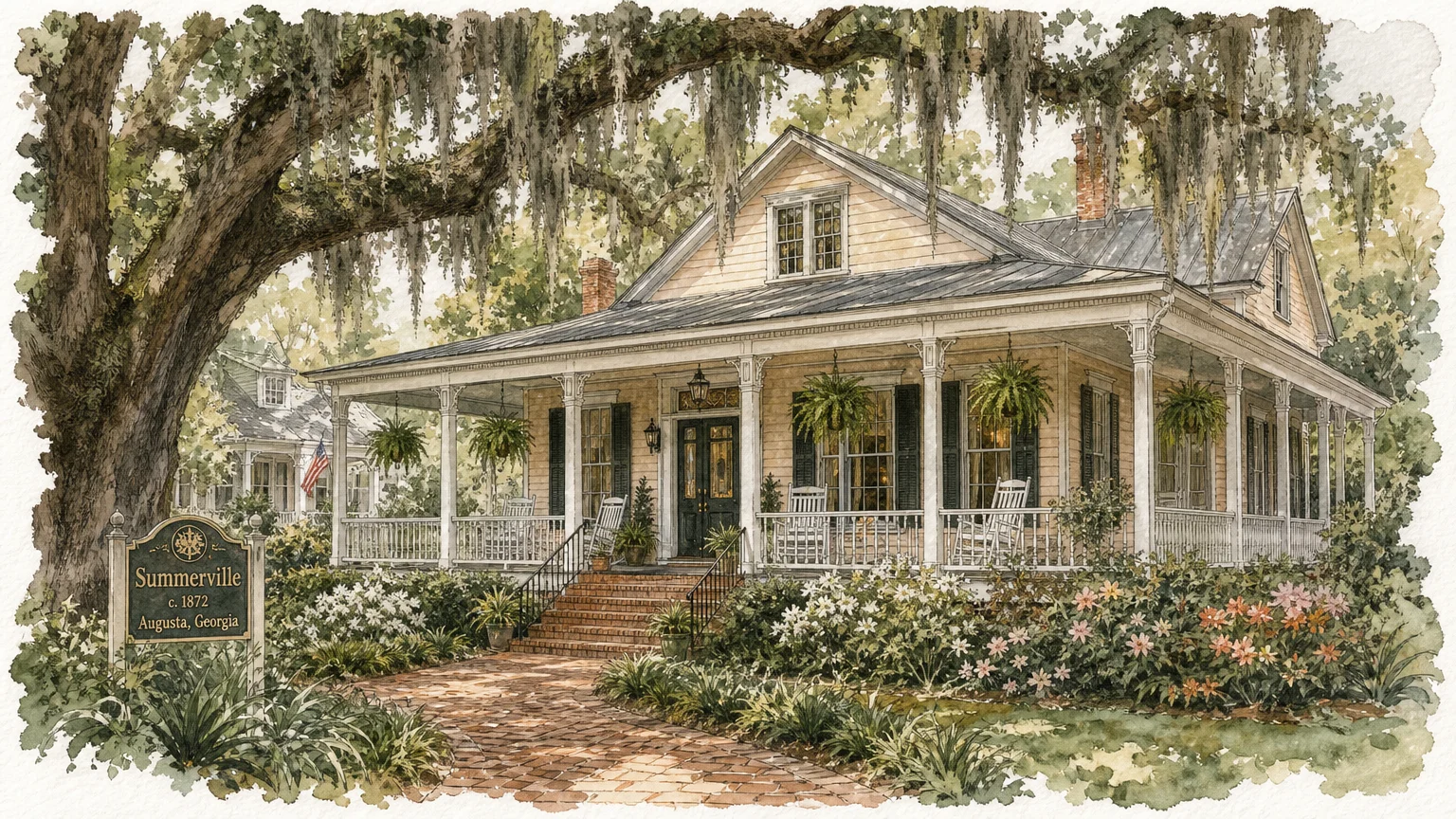Watercolor illustration of a historic Southern cottage in Augusta, Georgia, with a wrap-around porch and live oak trees.