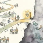Watercolor illustration of a path ending abruptly past a sign labeled Age 70, with money drifting off into a void.