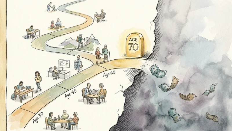 Watercolor illustration of a path ending abruptly past a sign labeled Age 70, with money drifting off into a void.