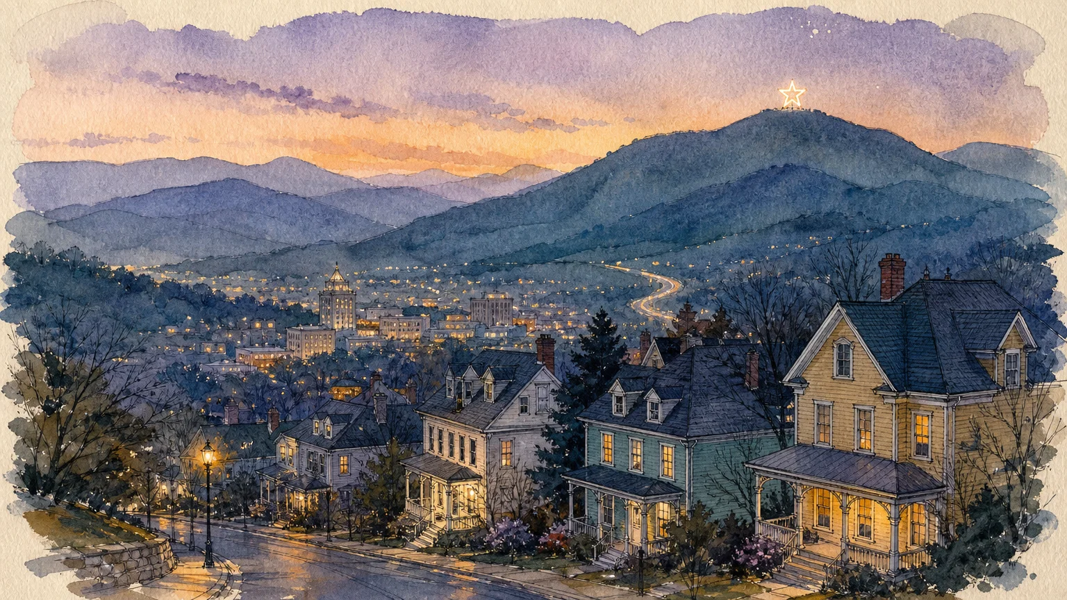 Watercolor illustration of Roanoke, Virginia, nestled in a mountain valley under a twilight sky.