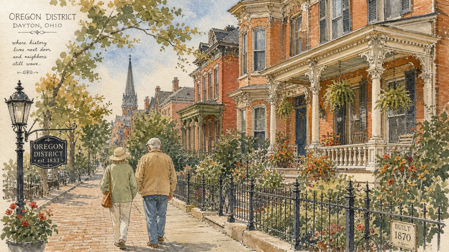 Watercolor illustration of Victorian homes along a cobblestone street in Dayton's historic Oregon District.