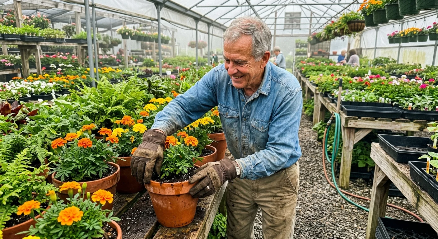 A candid photograph of an active retired man happily arranging potted plants at an outdoor nursery in morning light.