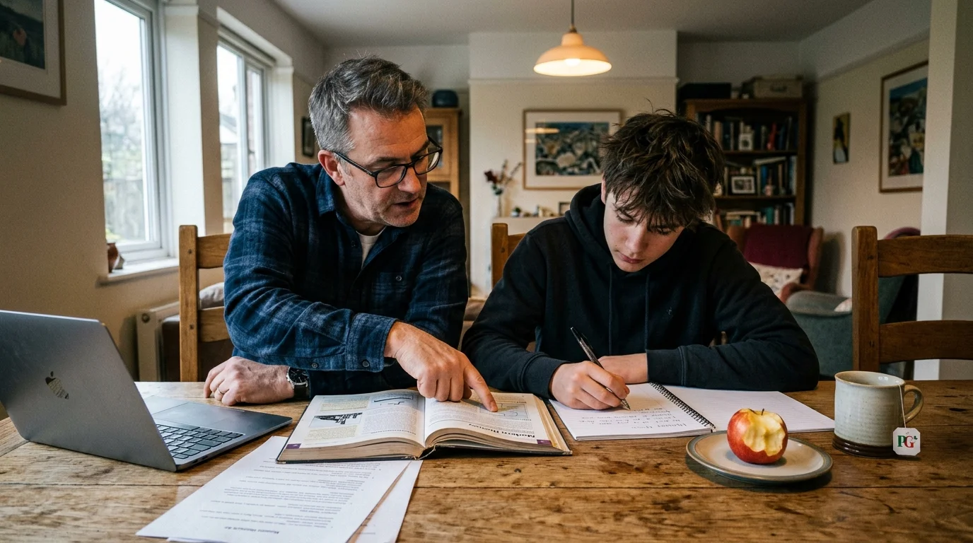 A candid smartphone-style photo of a father helping his teenage son with homework at a messy dining table.