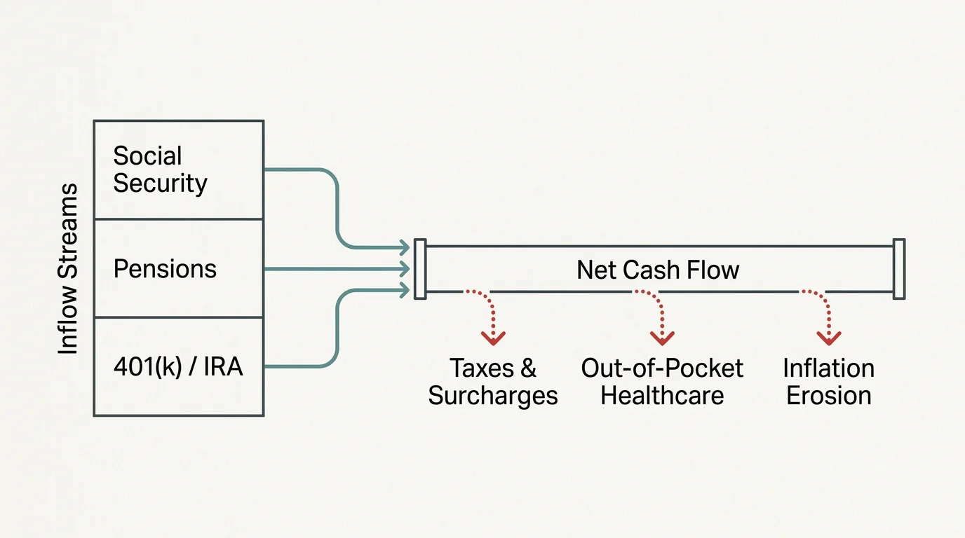 A clean editorial diagram showing retirement income streams flowing into a pipeline with red arrows indicating hidden drains like taxes and