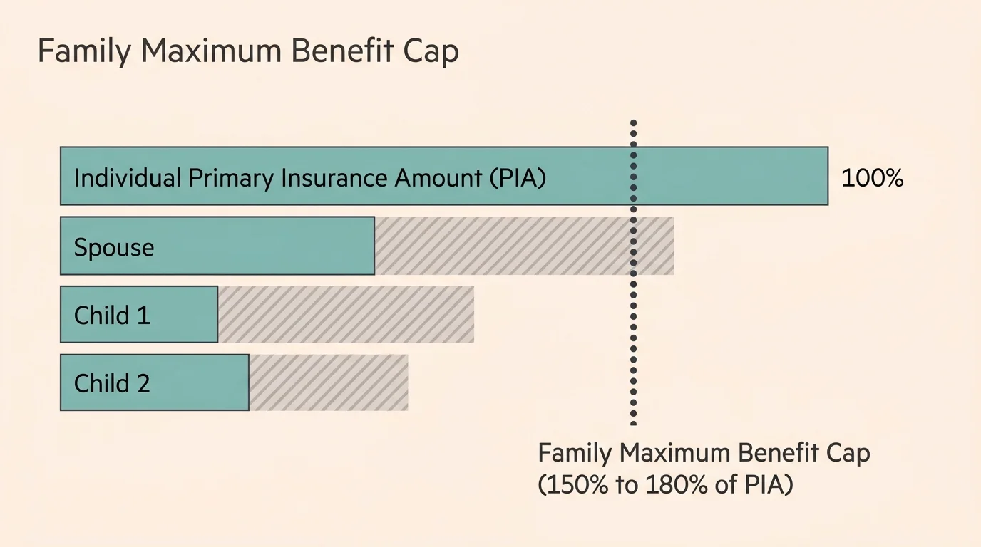 A clean financial chart showing how individual family benefits stack and are capped by a Family Maximum Benefit limit.
