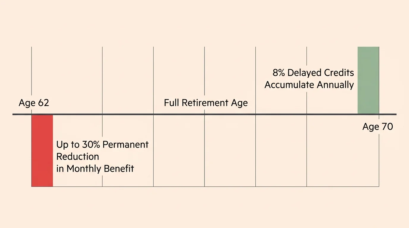 A clean financial diagram showing the permanent reduction of claiming Social Security at Age 62 versus the delayed credits at Age 70.