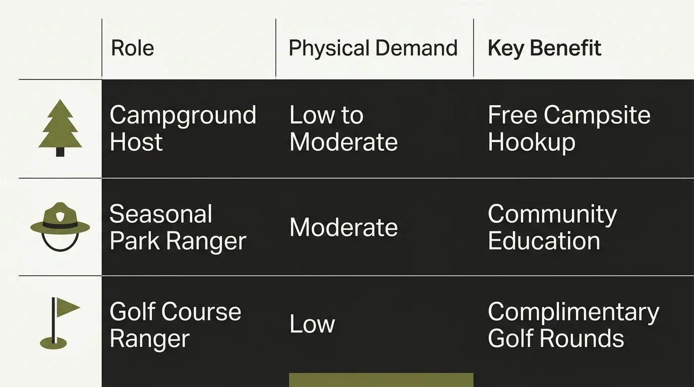 A clean, horizontal comparison matrix showing physical demand and key benefits for campground hosts, park rangers, and golf rangers.
