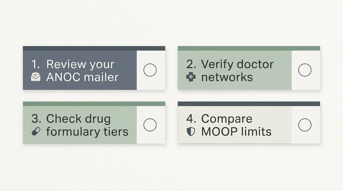 A clean horizontal four-step checklist infographic detailing the steps to audit your Medicare plan renewal.