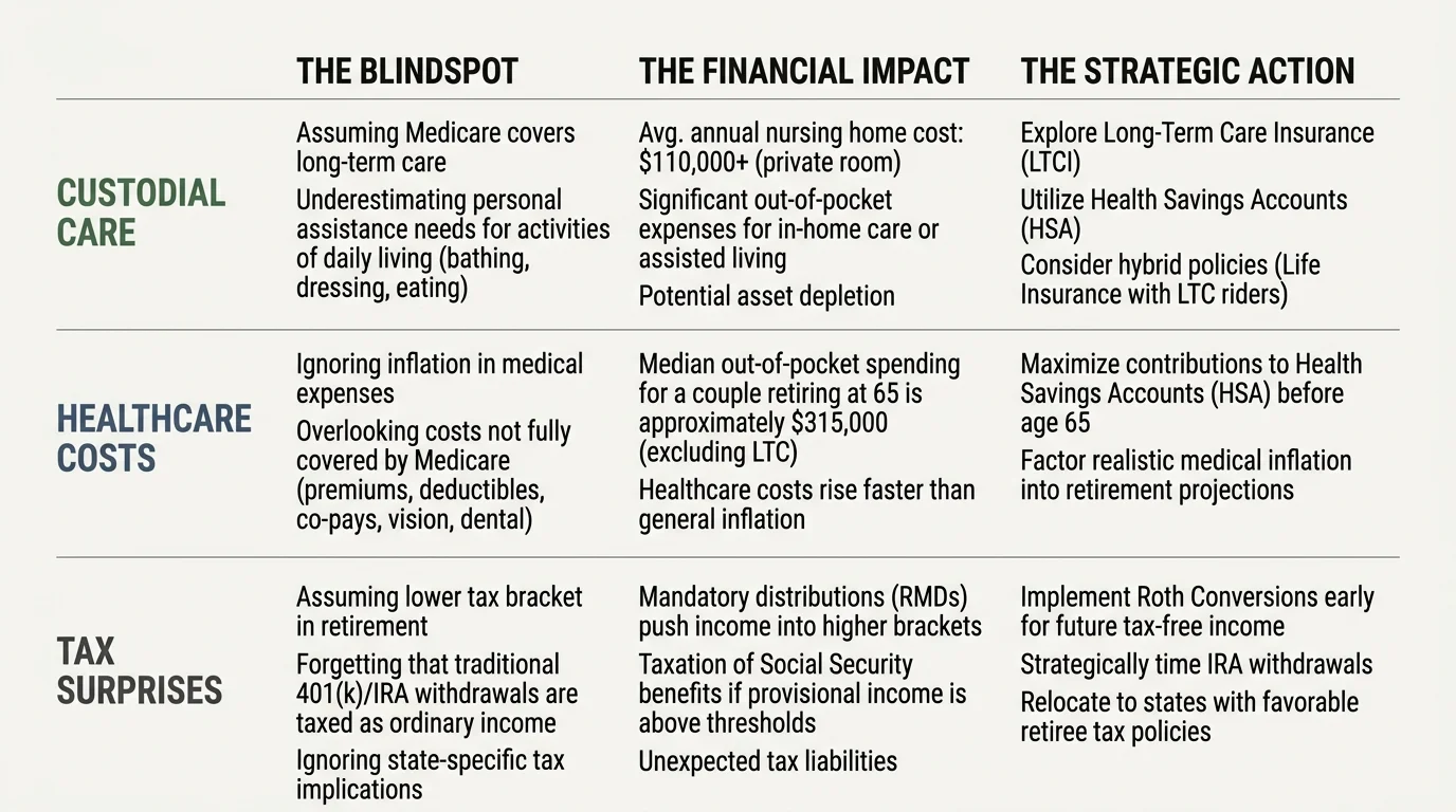 A clean, horizontal minimalist table comparing three retirement gaps: Custodial Care, Healthcare, and Tax Surprises, with their impacts and