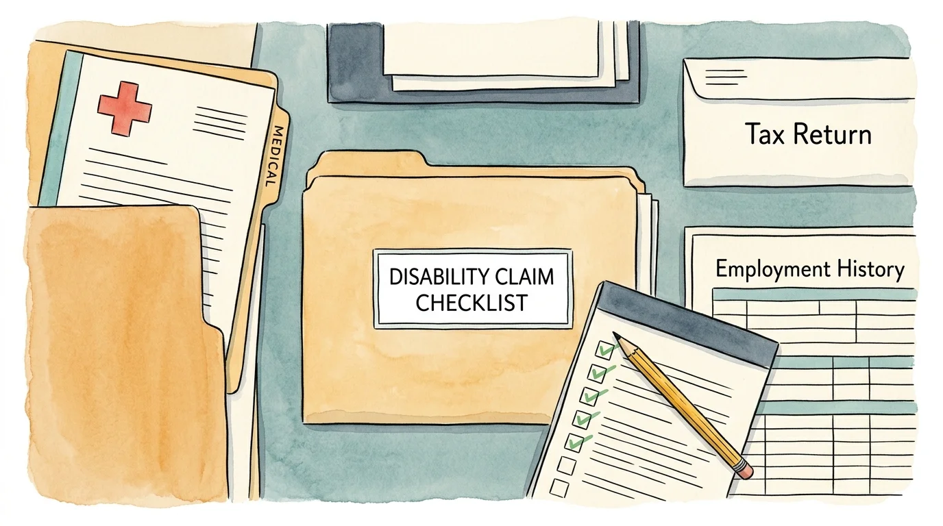 A clean ink and watercolor illustration of organized medical files, tax forms, and a checklist labeled Disability Claim Checklist.