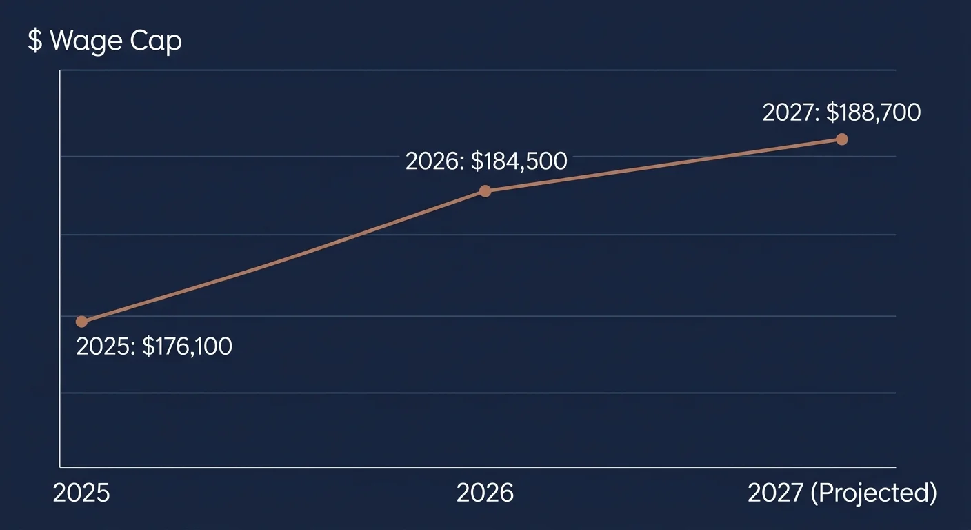A clean line graph showing the upward trend of the taxable wage cap from 2025 to 2027.