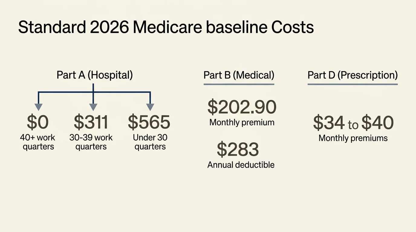 A clean, minimalist infographic detailing standard 2026 Medicare costs, including Part A premium tiers and the Part B baseline of $202.90.