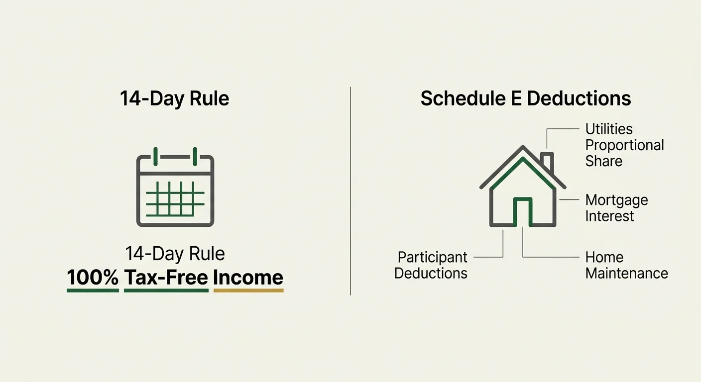 A clean tax deduction diagram comparing the tax-free 14-day rule against year-round Schedule E tax deductions.