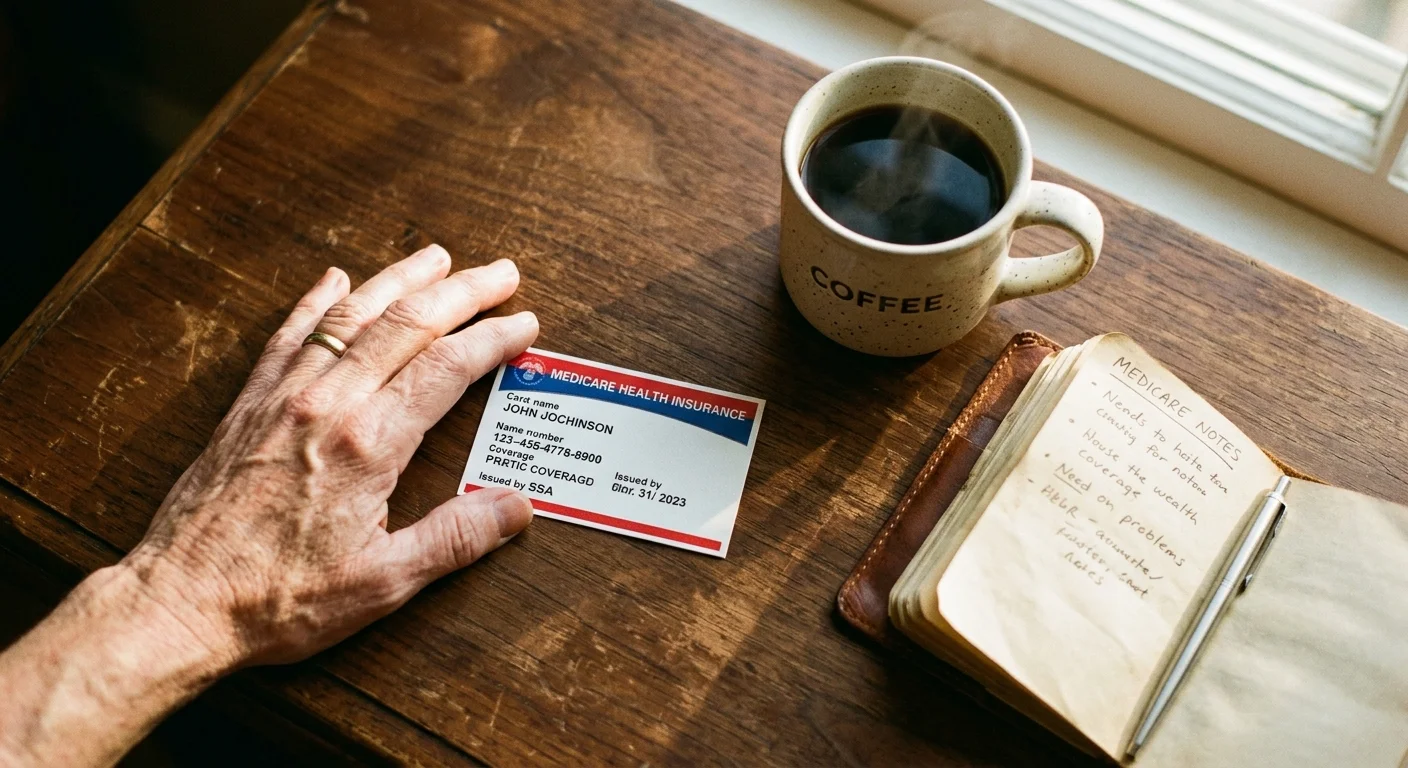 A close-up film photo of an older adult's hand holding a classic red, white, and blue paper Medicare card on a wooden desk.
